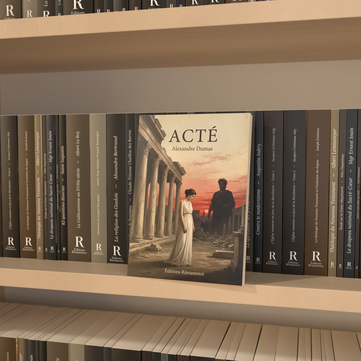 Acté - Alexandre Dumas – le livre imprimé de face devant les dos dans une bibliothèque (visuel réalisé à partir des fichiers d'impression du livre)