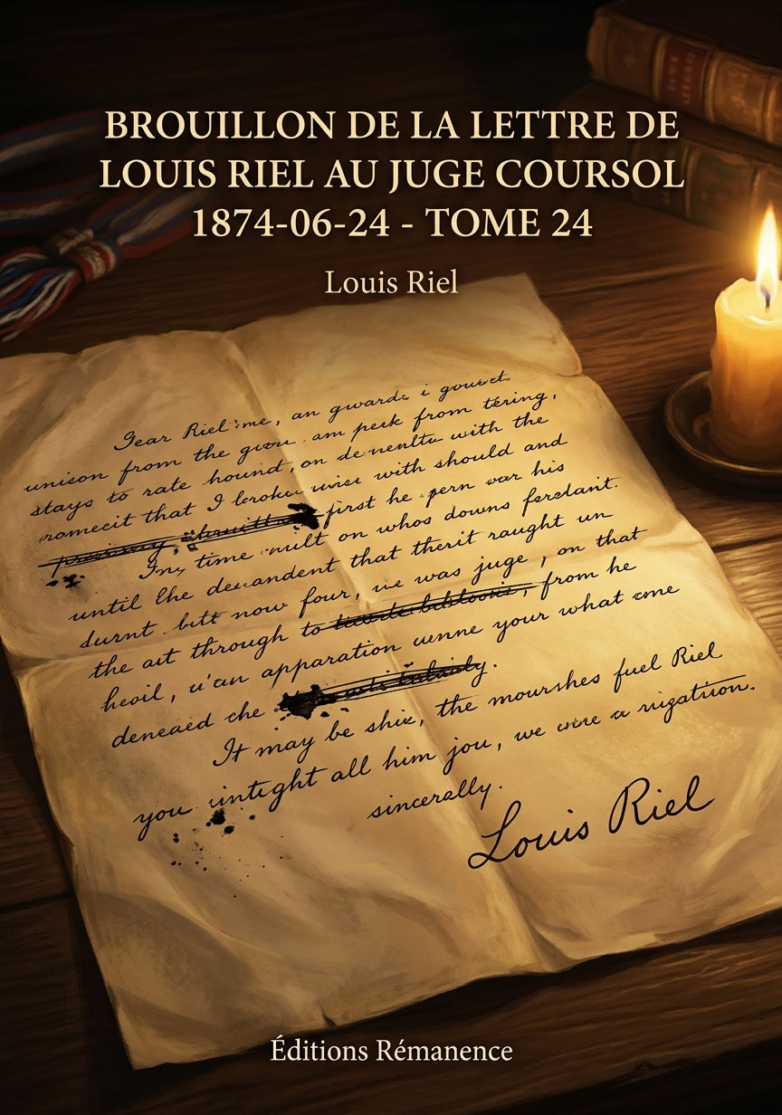 Livre Brouillon de la lettre de Louis Riel au Juge Coursol 1874-06-24 - Tome 24 par Louis Riel - Couverture - Editions Remanence