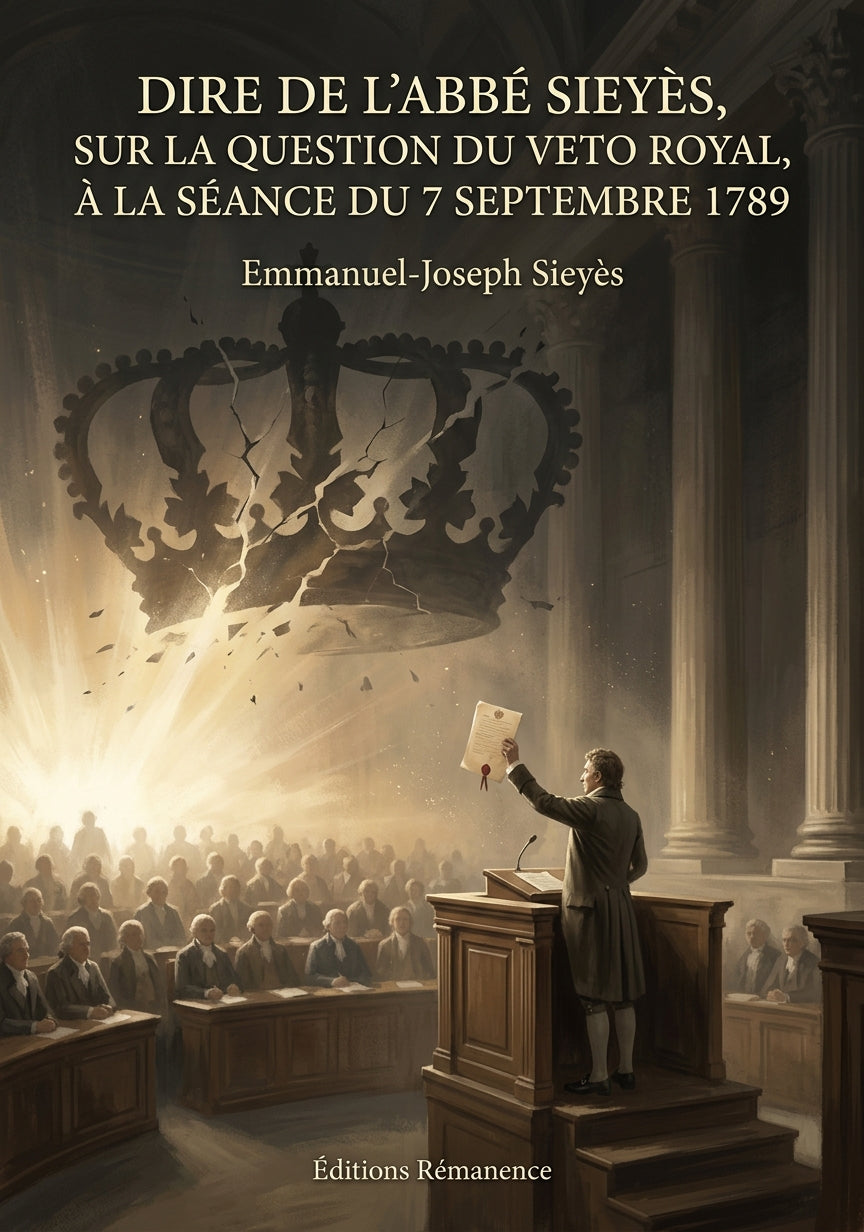 Livre Dire de l'abbé Sieyès, sur la question du Veto royal, à la séance du 7 septembre 1789 par Emmanuel-Joseph Sieyès - Couverture - Editions Remanence
