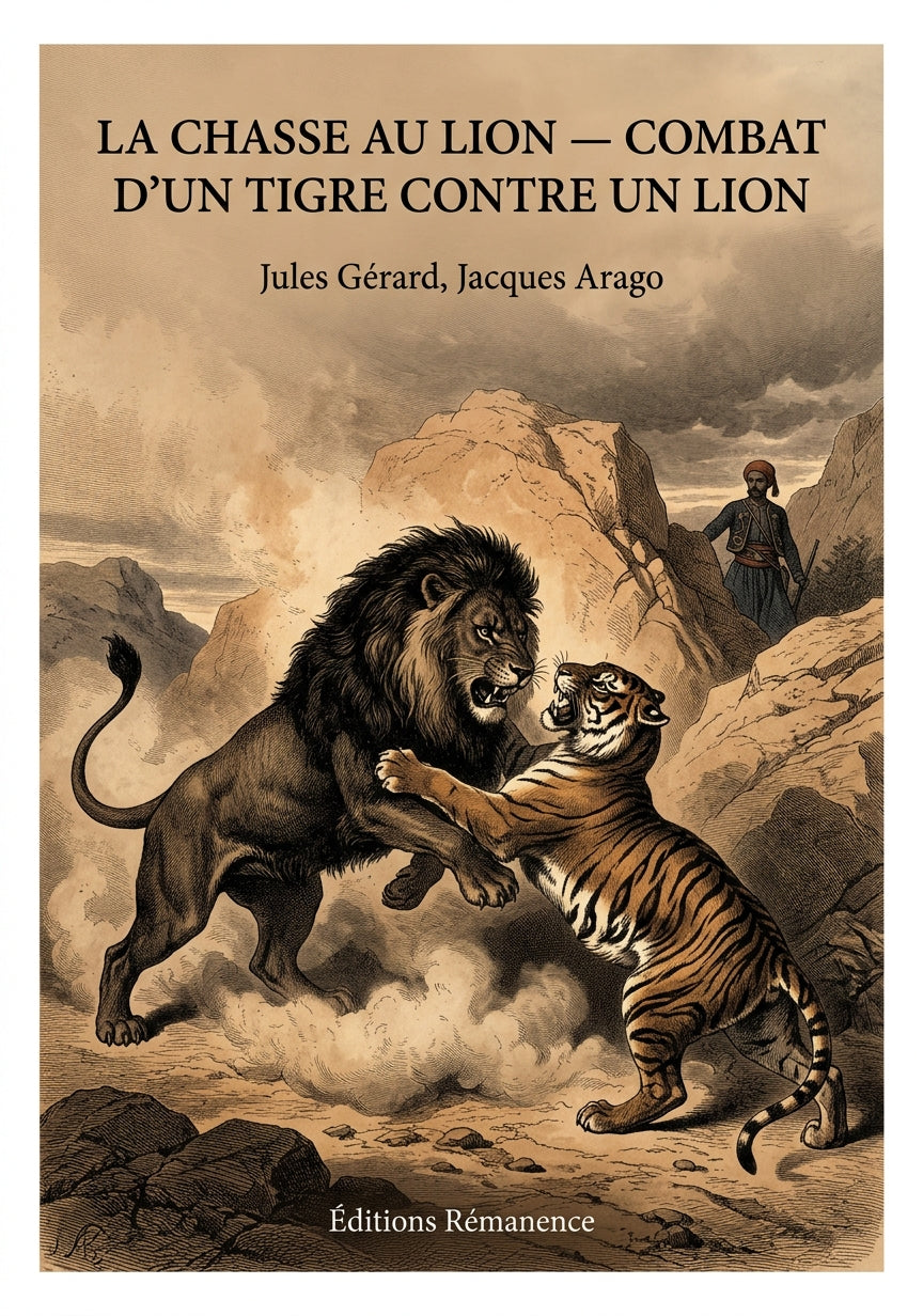 Livre La Chasse au lion — Combat d’un tigre contre un lion par Jules Gérard, Jacques Arago - Couverture - Editions Remanence