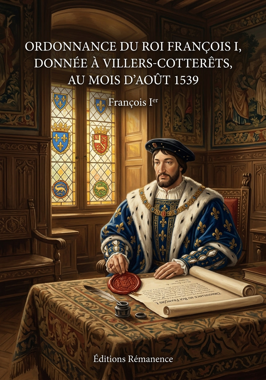 Livre Ordonnance du roi François I, donnée à Villers-Cotterêts, au mois d’Août 1539 par François Ier - Couverture - Editions Remanence
