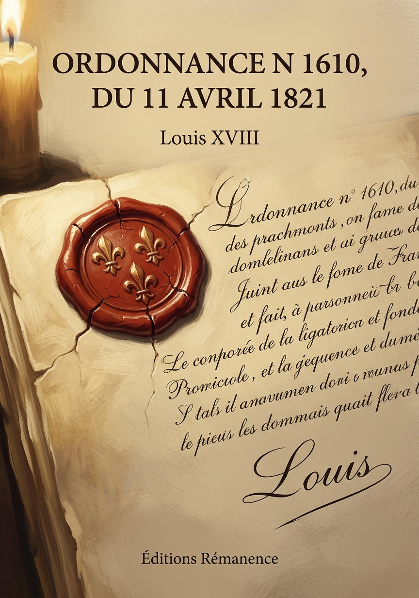 Livre Ordonnance n 1610, du 11 avril 1821 par Louis XVIII - Couverture - Editions Remanence