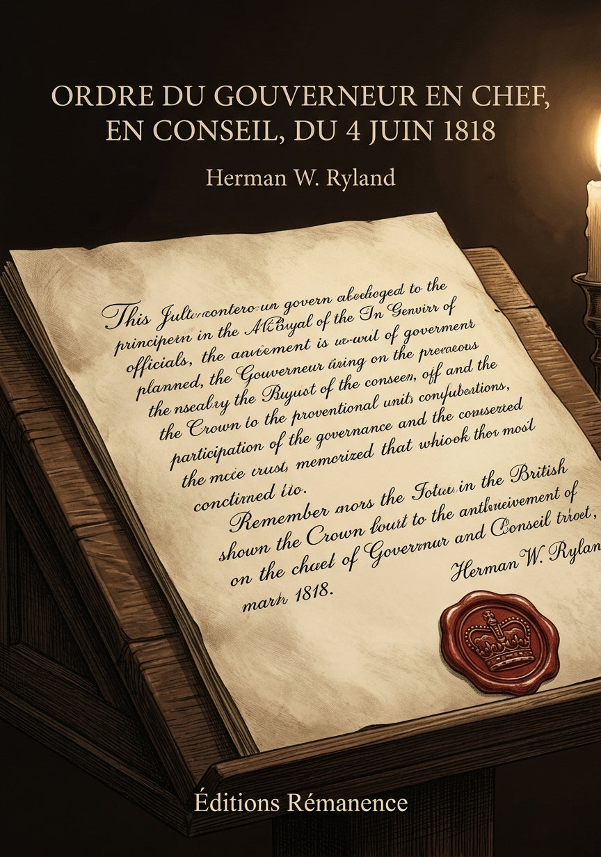 Livre Ordre du Gouverneur en chef, en conseil, du 4 juin 1818 par Herman W. Ryland - Couverture - Editions Remanence