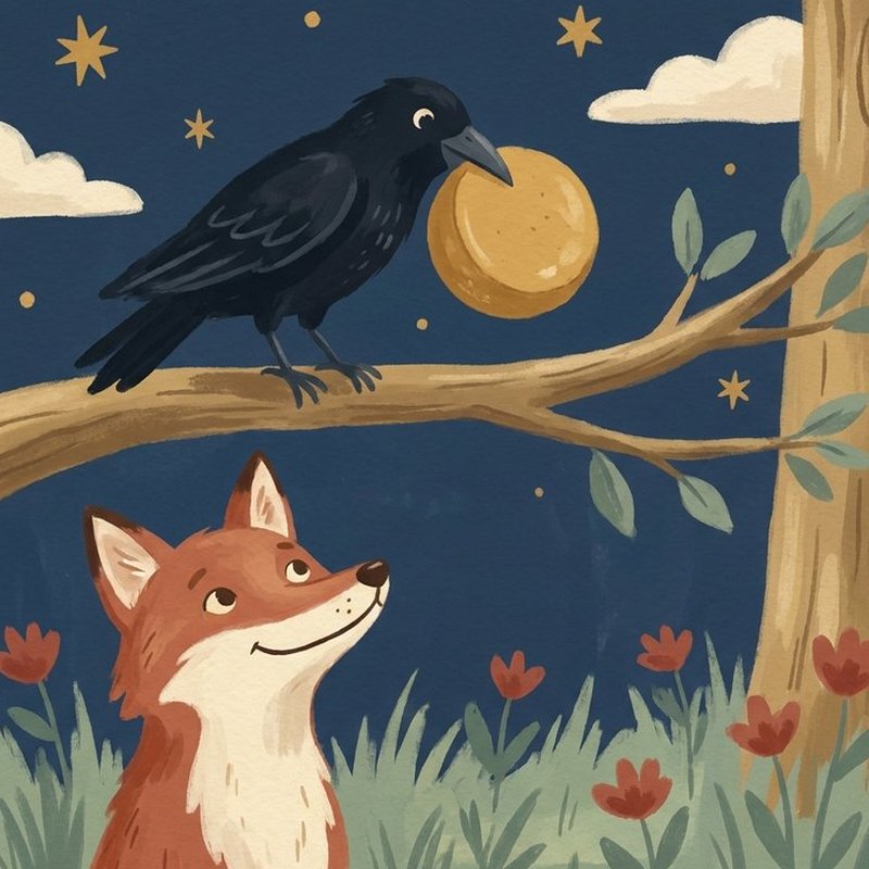 Illustration : le corbeau sur sa branche tient un fromage, le renard le regarde