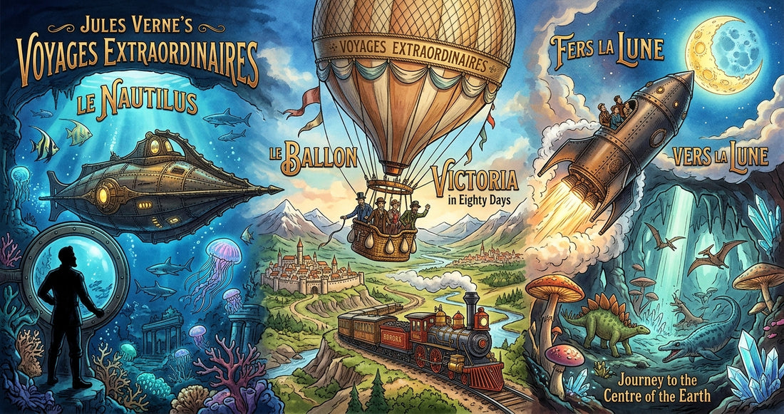 Illustration panoramique des mondes de Jules Verne, avec le Nautilus, un ballon et un voyage vers la Lune.
