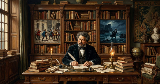 Portrait d'Alexandre Dumas, écrivain français emblématique du 19e siècle, devant une bibliothèque. Éditions Rémanence.