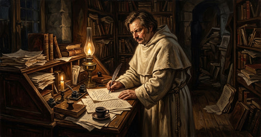 Honoré de Balzac écrivant la nuit, en robe de moine, devant une pile de livres et une tasse de café.