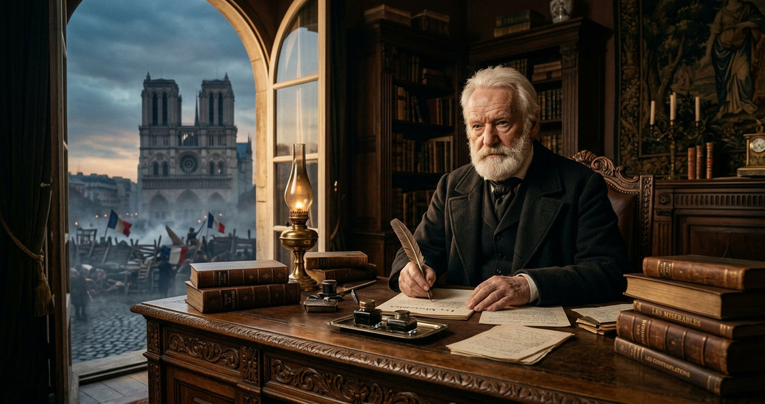 Portrait de Victor Hugo, écrivain majeur du 19e siècle, avec des éléments de ses œuvres comme Notre-Dame et des barricades.