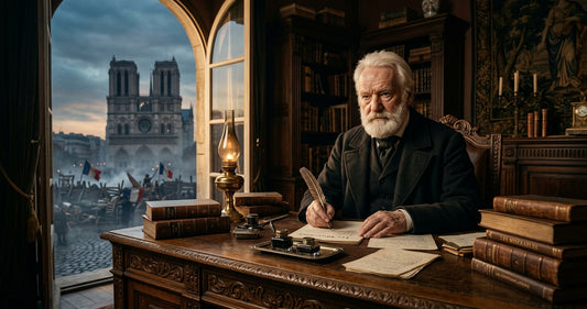 Portrait de Victor Hugo, écrivain majeur du 19e siècle, avec des éléments de ses œuvres comme Notre-Dame et des barricades.