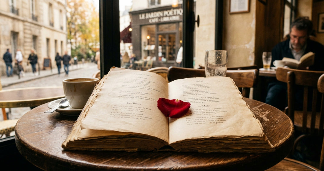 Un recueil de poésie ouvert dans un café parisien — le plaisir intime de la poésie française