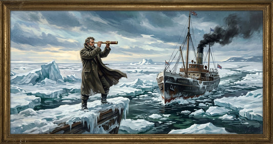 Un explorateur à la proue d'un vapeur dans les glaces arctiques — l'esprit des Voyages extraordinaires de Jules Verne