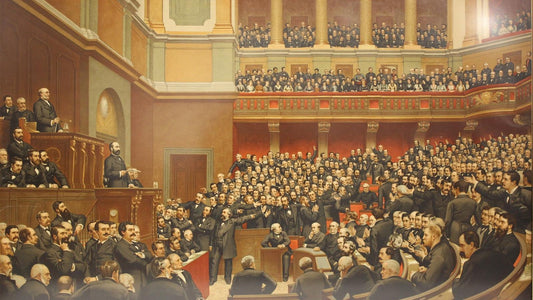 Hémicycle rempli de députés et orateur à la tribune, tableau du XIXe siècle, article sur Thiers et Talleyrand