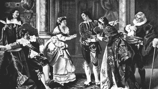 Scène de comédie en costumes du XVIIe siècle, un homme tendant la main à une jeune femme, gravure, article sur Figaro