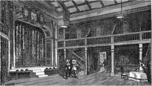 Gravure en noir et blanc d'une salle de théâtre du XVIIe siècle avec deux cavaliers, pour l'article sur Cyrano de Bergerac