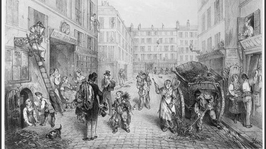 Rue du vieux Paris avec balayeurs, charrette d’ordures et ramoneur, gravure, article sur Eugène Sue et Les Mystères de Paris