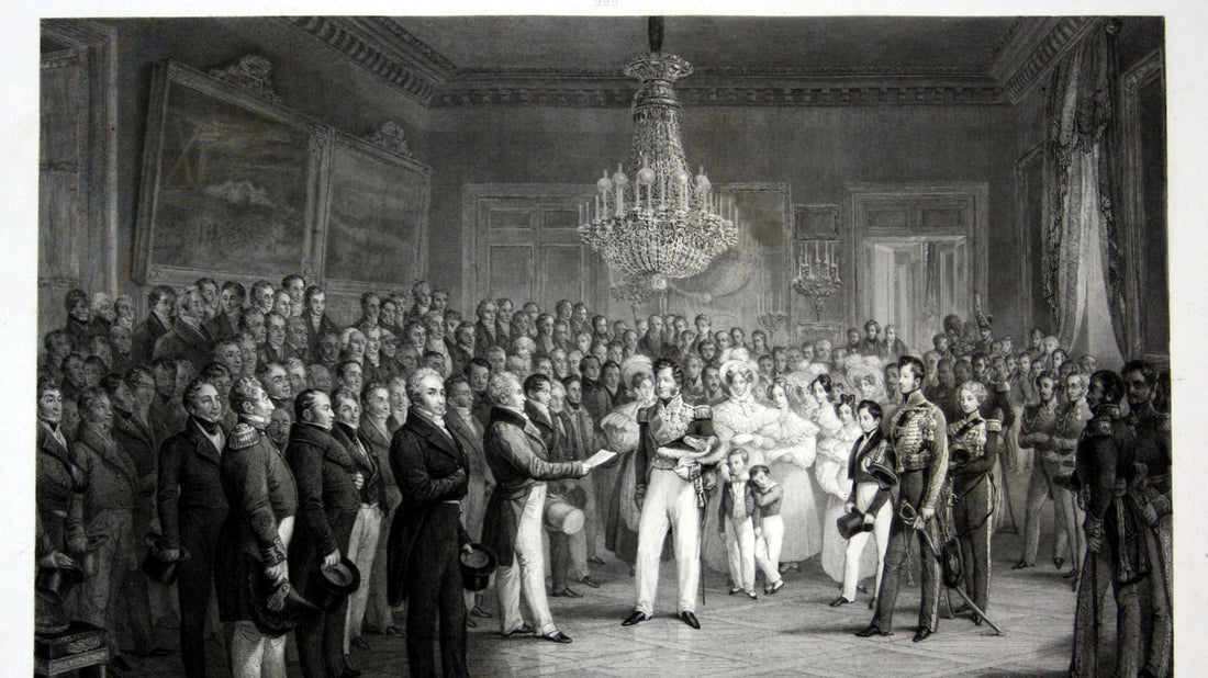 Réception officielle dans un salon à lustre, foule de notables autour d’une famille princière, gravure, article sur Guizot