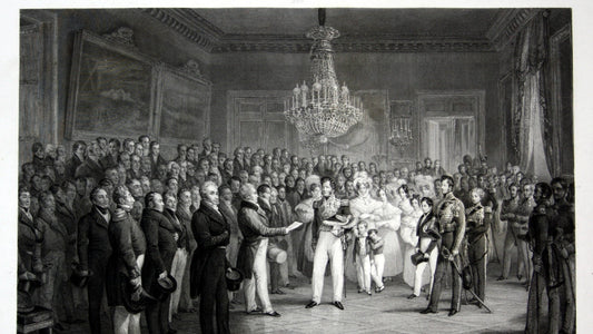 Réception officielle dans un salon à lustre, foule de notables autour d’une famille princière, gravure, article sur Guizot