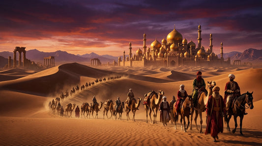 Illustration d'une caravane de chameaux et de cavaliers traversant des dunes vers une cité aux dômes dorés, pour Marco Polo