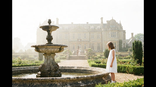 Photographie d'une fillette en robe blanche près d'une fontaine de pierre devant un manoir, pour l'article sur Atonement
