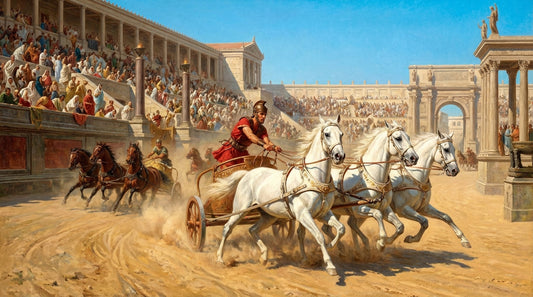Peinture d'une course de chars au cirque romain, attelage de chevaux blancs en pleine course, pour l'article sur Ben-Hur