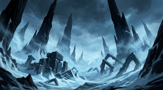 Illustration of black rock spires and ruined stone structures in an Antarctic blizzard, for At the Mountains of Madness