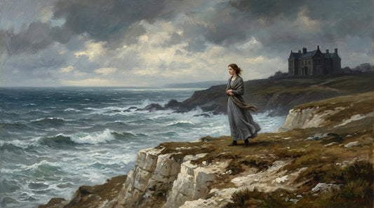 Painting of a woman in a grey shawl on a seaside cliff above stormy waves, a house beyond, for the article on Agnes Grey