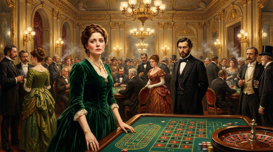 Painting of a woman in a green velvet dress at a roulette table in a gaming salon, for the article on Daniel Deronda