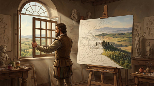 Illustration of a painter opening a window beside an easel showing a landscape with perspective lines, for Art and Illusion
