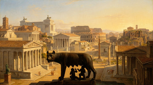 Painting of the Roman Forum with the she-wolf statue and twins in the foreground, for the article on Livy's History of Rome