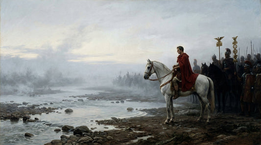 Painting of a commander in a red cloak on a white horse by a misty river, legionaries behind, for Caesar's Civil War