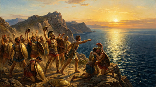 Painting of Greek hoplites hailing the sea from a rocky headland at sunset, for the article on Xenophon's Anabasis