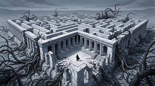 Illustration of a ruined temple shaped like a labyrinth with a lone cloaked figure, for Civilization and Its Discontents