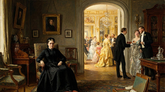 Painting of an older woman in black seated in a salon while elegant guests gather beyond, for the article on Cousin Bette
