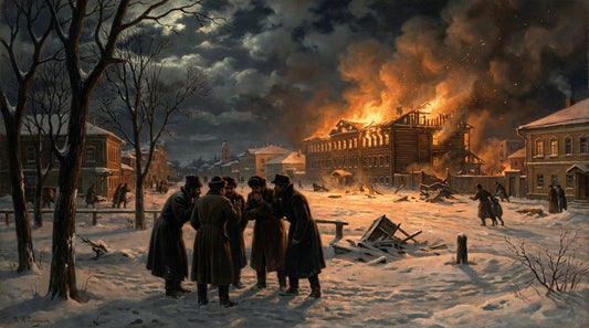 Painting of a burning building in a snowy town at night, men in long coats watching, for the article on Dostoevsky's Demons