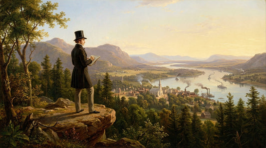 Painting of a man in a top hat sketching on a rocky ledge above a river valley, for the article on Democracy in America