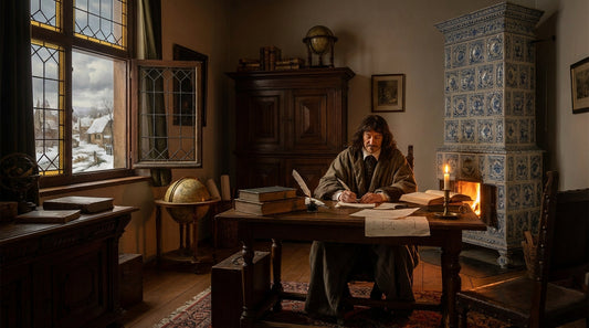 Painting of a thinker writing at a table by a candle and a tiled stove, snow outside, for Descartes' Discourse on Method