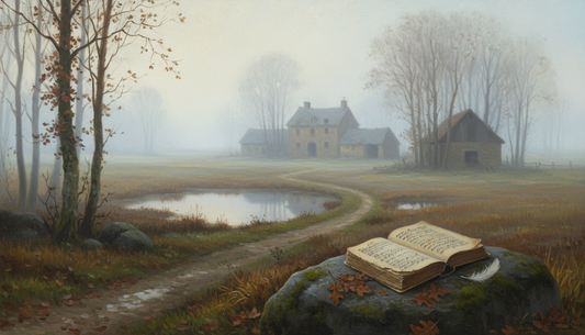 Peinture d'un livre ouvert sur une pierre moussue au bord d'un chemin, ferme dans la brume, pour l'article sur René Bazin