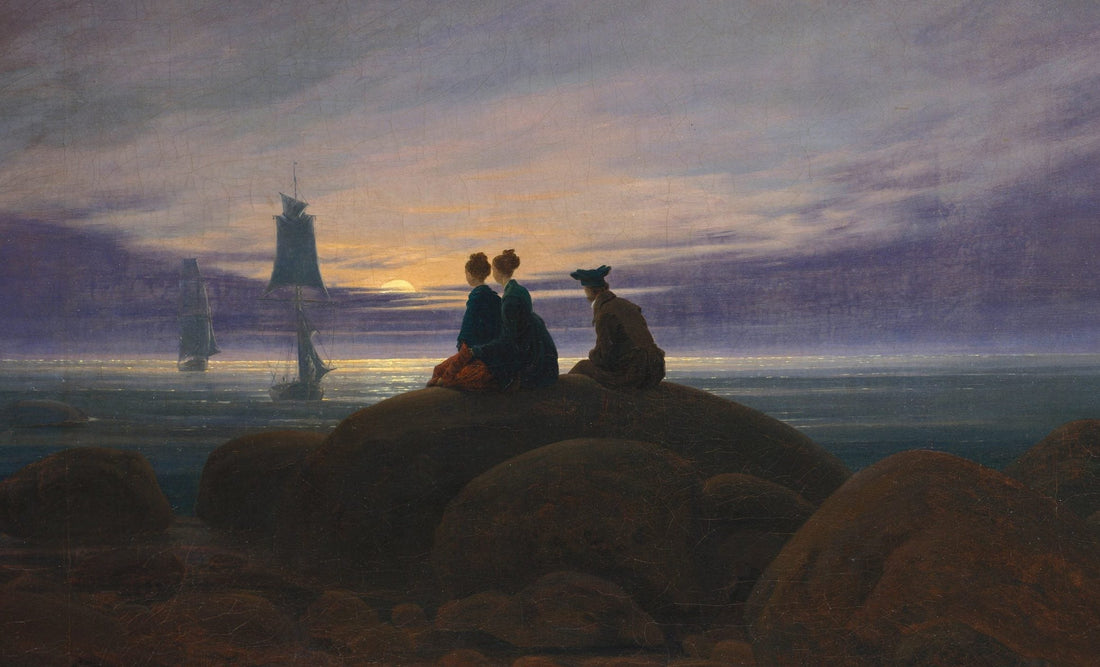 Trois silhouettes assises sur des rochers face à la mer au clair de lune, tableau romantique, article sur Goethe
