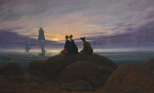 Trois silhouettes assises sur des rochers face à la mer au clair de lune, tableau romantique, article sur Goethe
