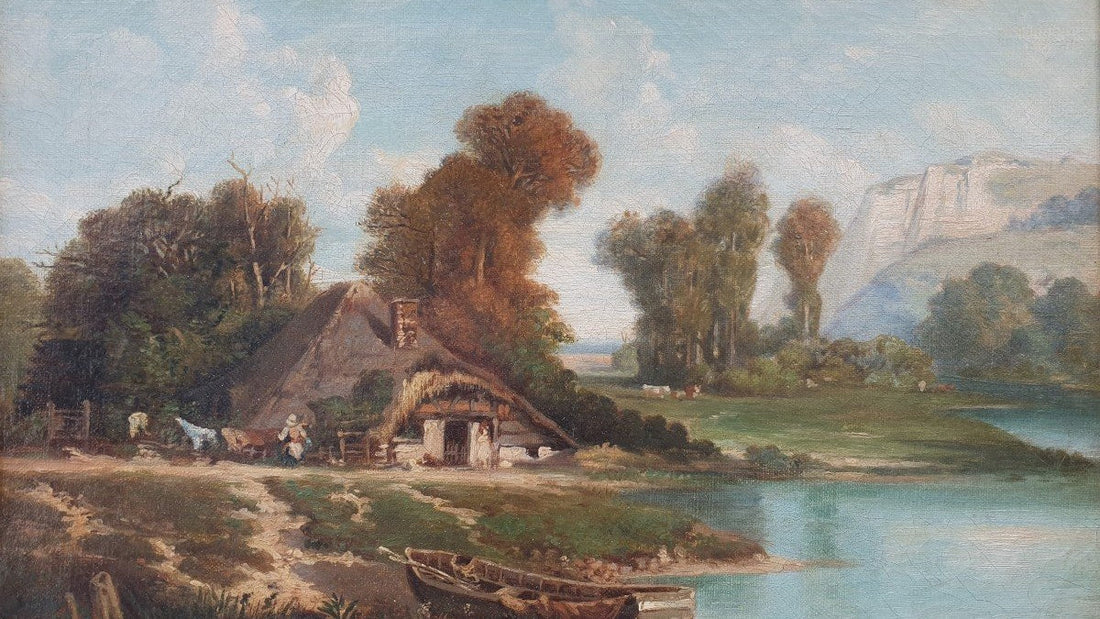 Chaumière au bord d’une rivière avec barque et falaise blanche, tableau normand, article sur Maupassant