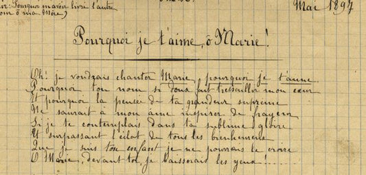 Manuscrit ancien d’un poème écrit à la plume sur papier quadrillé, daté de mai 1897, article sur Histoire d’une âme