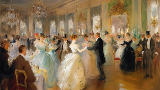 Peinture d'un bal élégant sous des lustres, couples en robes claires dansant, pour l'article sur Jane Austen
