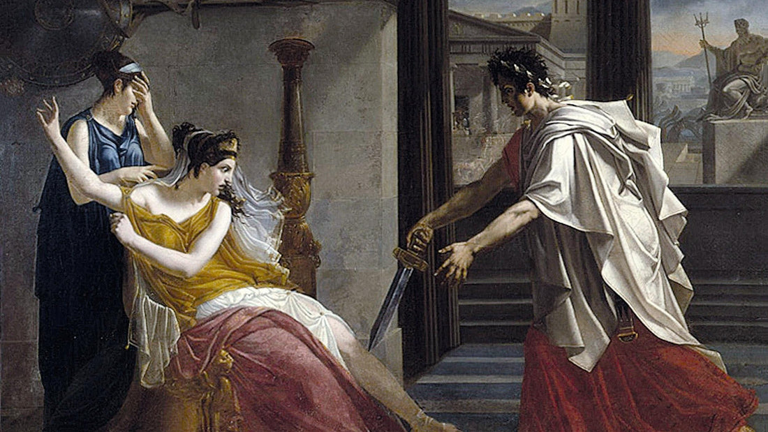 Homme à la dague s’approchant d’une femme éplorée, scène de tragédie, tableau néoclassique, article sur Jules Lemaître