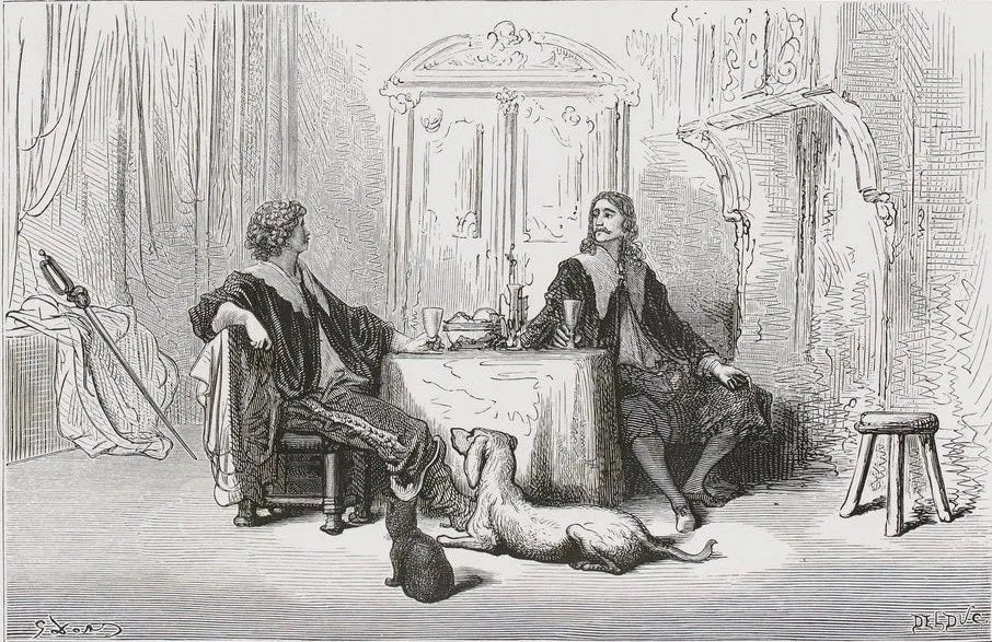 Deux hommes attablés avec un chien et un chat à leurs pieds, gravure de Doré, article sur Le Capitaine Fracasse