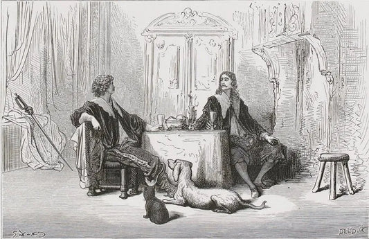 Deux hommes attablés avec un chien et un chat à leurs pieds, gravure de Doré, article sur Le Capitaine Fracasse