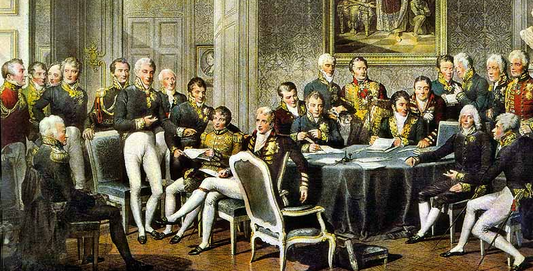 Diplomates en uniforme brodé réunis autour d’une table de congrès, tableau, article sur les Mémoires de Talleyrand