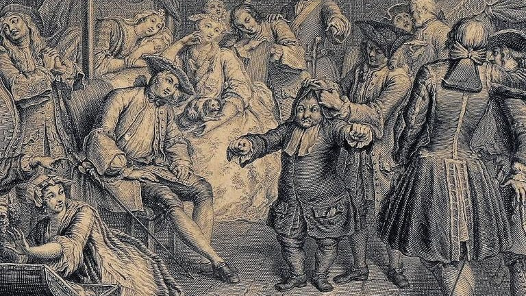 Petit homme contrefait en habit du XVIIIe siècle au milieu d’une assemblée, gravure ancienne, article sur Paul Scarron