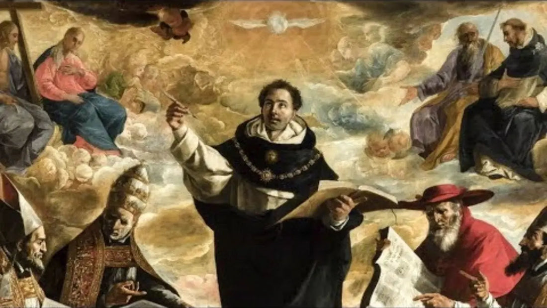 Dominicain en robe blanche et noire tenant un livre ouvert, entouré de saints, tableau, article sur Thomas d’Aquin