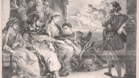 Lithographie d’Hamlet assistant à une scène de cour, d’après Delacroix, illustration de l’article Shakespeare en France