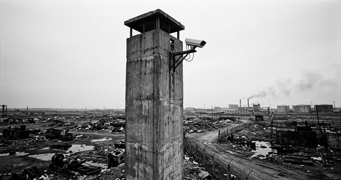 A surveillance watchtower against a grey sky — the dystopian world of George Orwell